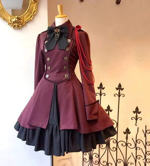 Vintage Gothic Lolita Dress OP Ruffle Bow tie Button Lace Up Knee Length Dress Long Sleeve Sweet