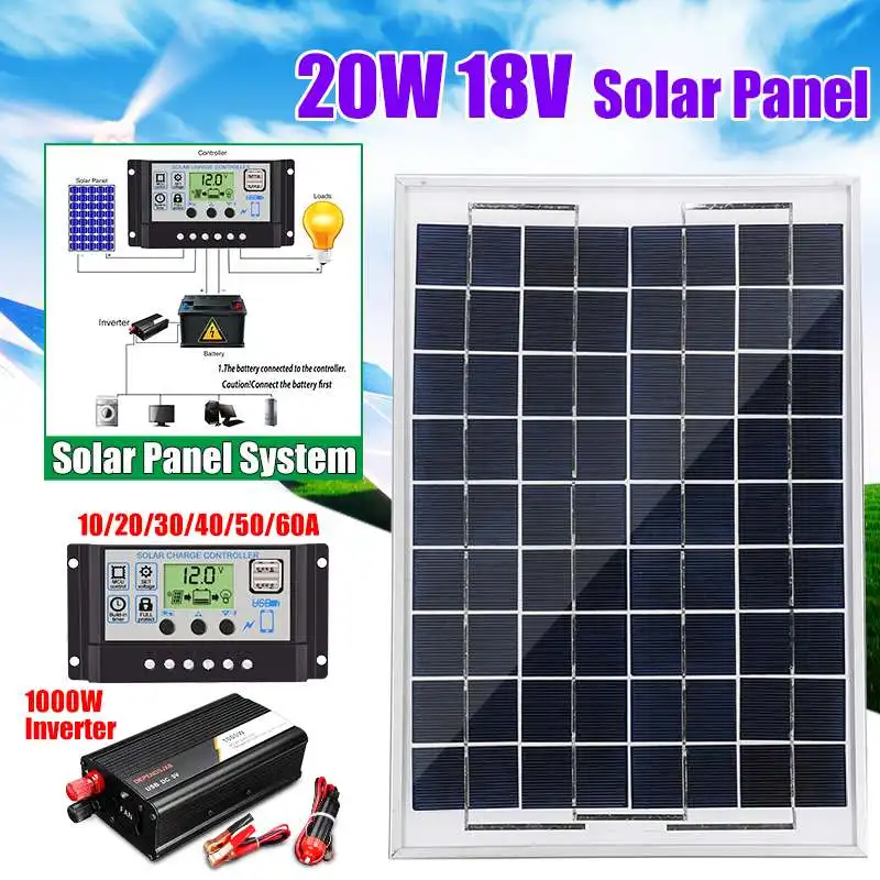 20W Solar Panel System Kit Solar Panel 1000W Power Inverter+10/20/30/40/50/60A USB Solar Controller for Outdoor LED Lighting