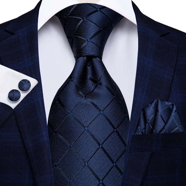 Cravatta da uomo in tinta unita a righe nere blu classica da uomo 3.4 "Set di cravatte in seta da uomo con cravatta quadrata 2