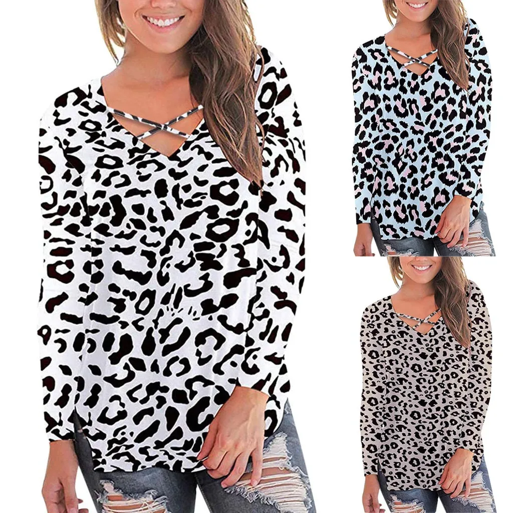 Футболка женская Повседневная с длинным рукавом и леопардовым принтом