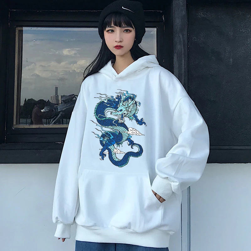 Harajuku Style Black Dragon Young Girl Fire Flame Print Hoodie 2020 Winter Clothes Women Gothic Loose Warmth Sweatshirt Women