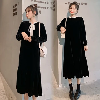 

3123# 2020 Autumn New Korean Fashion Black Pleuche Maternity Long Dress Clothes for Pregnant Women Sweet Pregnancy Clothing