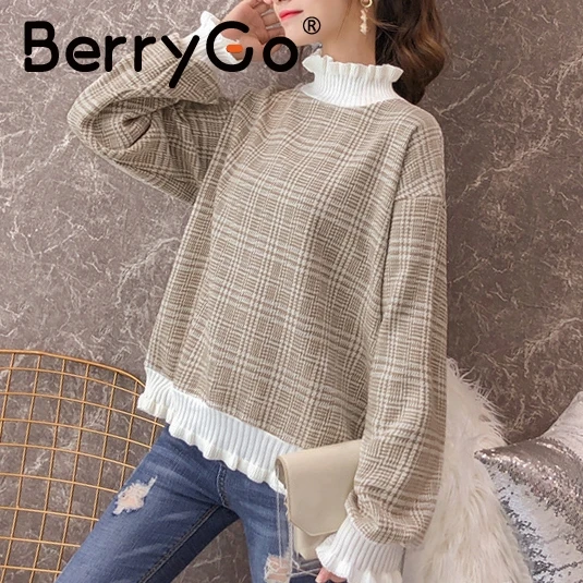 BerryGo, водолазка, негабаритный женский свитер, Осень-зима, длинный рукав, женские пальто, модный клетчатый пуловер, Женская толстовка