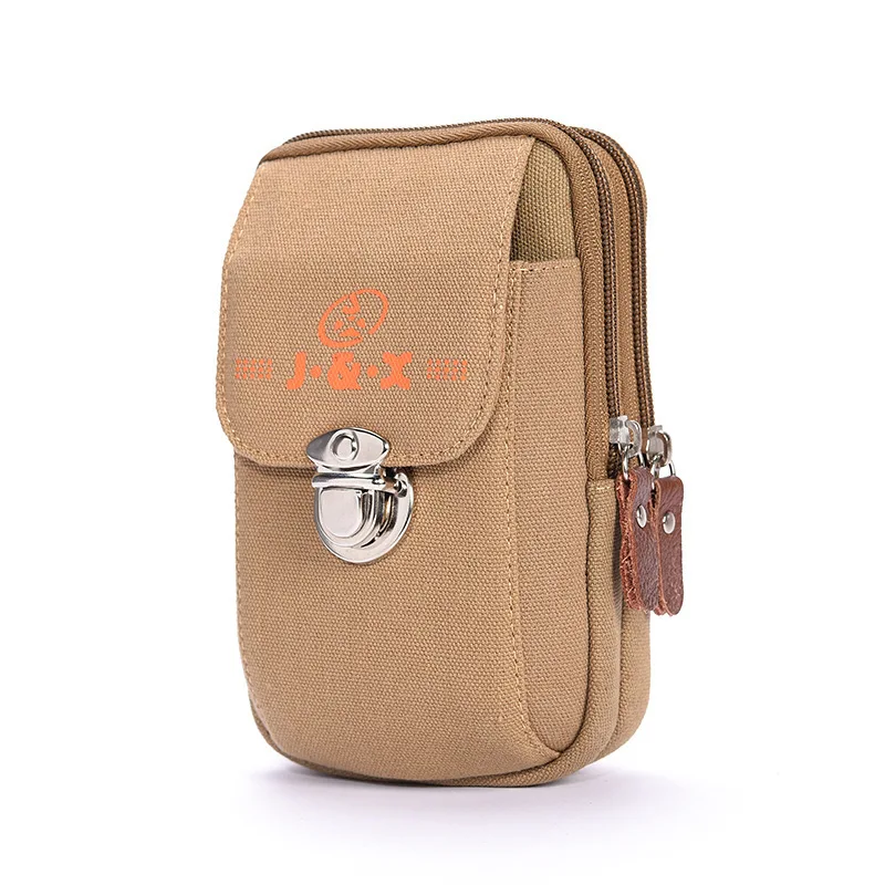 

Men Verticle Wear Leather Belt Mobile Phone Waist Bag Canvas Mortise Lock Multi-functional Change Key Casual