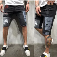 

Men's Printing Denim Chino Shorts Super Stretch Skinny Slim Summer Half Pant Cargo Jeans Shorts Casual Embroidery Badges Shorts