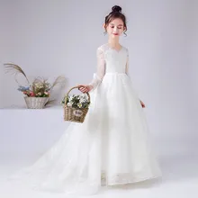 Long Sleeves Lace Flower Girl Dresses For Wedding And Party Gown Long Sweep Girls Princess Birthday Formal Pageant Gowns