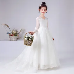 Long Sleeves Lace Flower Girl Dresses For Wedding And Party Gown Long Sweep Girls Princess Birthday Formal Pageant Gowns