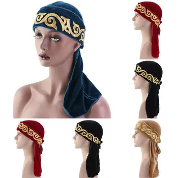 

Unisex Men Women Velvet Breathable Bandana Hat Flame Embroidery Turban Caps Long Tail Pirate Hat New Fashion