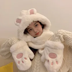 Women Cute Big Ears Rabbit Carf Hat Winter 3-in-1 Plush Hooded Hat Scarf Gloves Set Warm Windproof Cute Bunny Hat