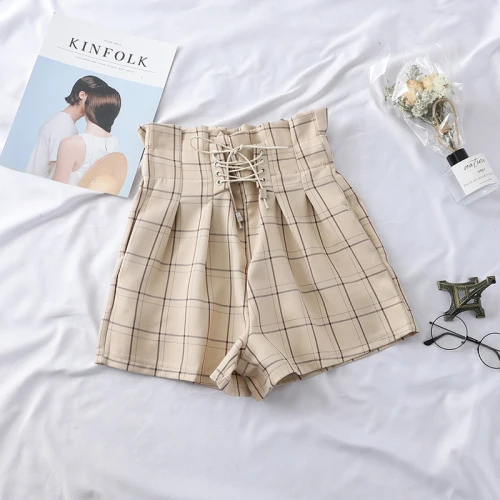 Летние шорты в клетку в стиле Харадзюку для японских девушек с завязками, высокая талия, широкие женские шорты, модные шорты на шнуровке - Цвет: Apricot