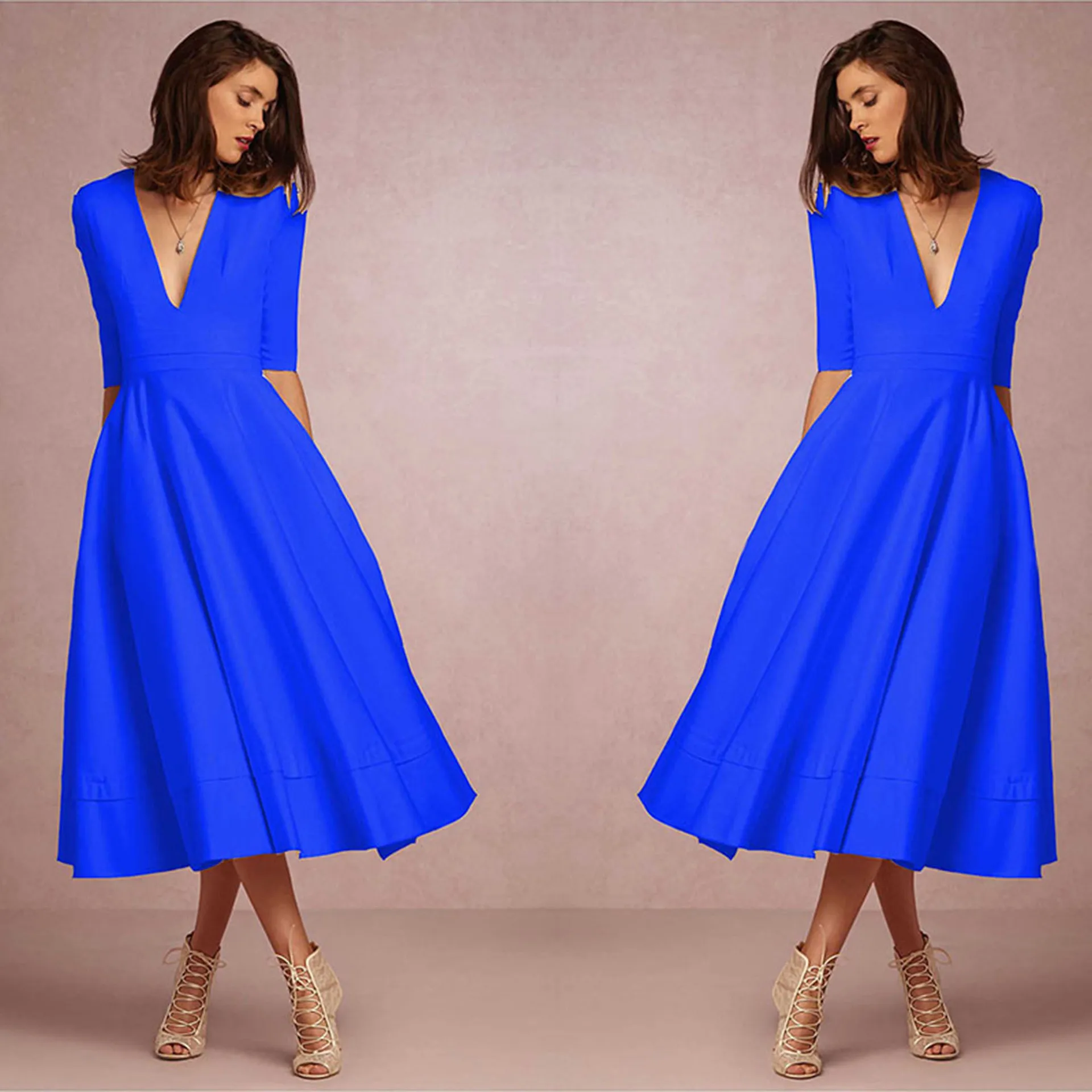 Однотонные сексуальные женские платья с глубоким v-образным вырезом, вечерние платья до середины голени с коротким рукавом, осенние платья для женщин, Sukienka - Цвет: Dress Deep Blue