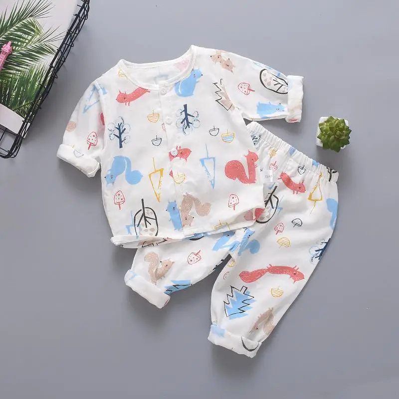 Костюм с длинными рукавами для маленьких мальчиков и девочек одежда с рисунками животных комплект из топа и штанов, летний для новорожденных, пижамы одежда для кондиционирования воздуха - Цвет: tzsongshu