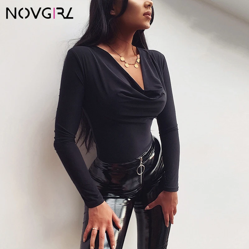 Novgirl, сексуальный, с рюшами, v-образный вырез, длинный рукав, хлопок, боди для женщин, Осень-зима, элегантный, однотонный, тонкий, короткий комбинезон, боди, топы