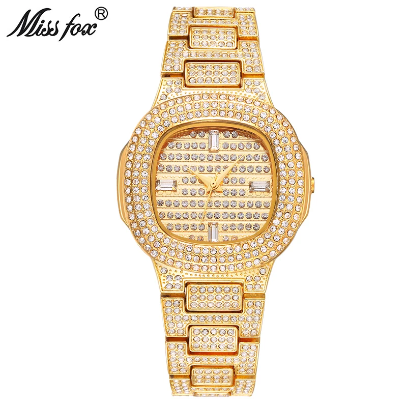 

MISSFOX Gold Woman Watch Luxury Stylish Diamond Square Wristwatch Stainless Steel Bracelet Ice Out Clock Jewelry Gift For Women