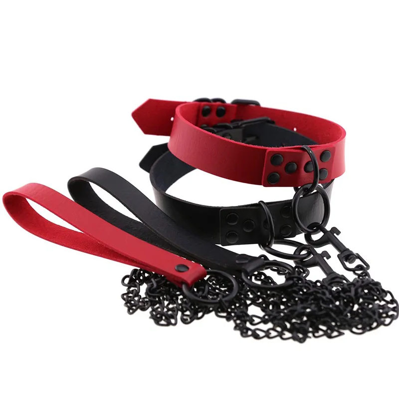 Slave PU Leather Collar Traction Rope Punk Gothic Wind Sexy Rivet Alternative Metal Fashion Necklace For Women