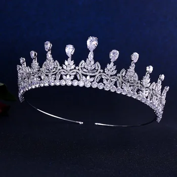 

Top Quality Lux Wedding Bridal Bridesmaid leaf Cubic Zirconia Girls white plated zircon Big tiara crown / headband For Prom
