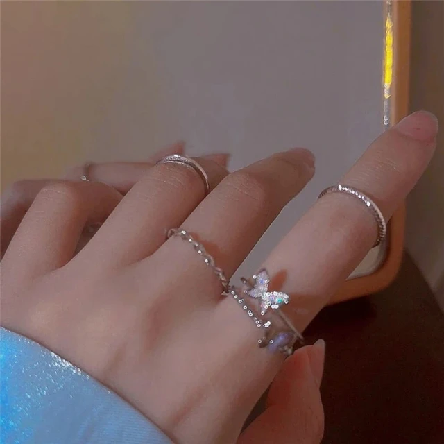 Silver Color Hollowed Heart Shape Open Ring Set Design Cute Fashion Love Jewelry For Women Girl Gifts Adjustable Birthday Party ar026