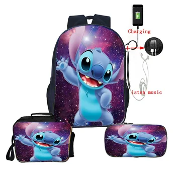 

3pcs/sets Stitch USB Charging Backpack Boys Girls School Shoulder Bag Pencil Case Student School Daily Backpack Fashion Rusksack