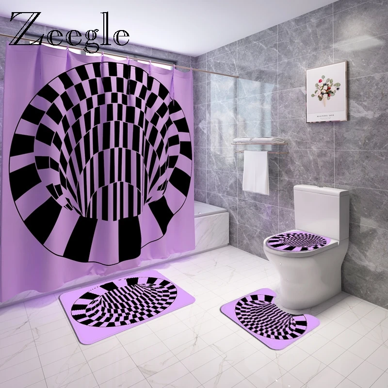 3D Mosaic Spiral Printed  Bath Mat and Shower Curtain Set Absorbent Toilet Floor Mat Flannel Bath Carpet Bathroom Foot Mat