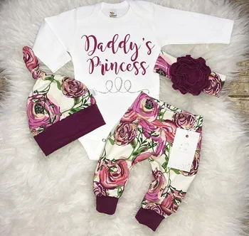 

3pcs Newborn Baby Girls clothes set letter long sleeve Romper+ Floral Pants+Hat Outfits Set Clothes