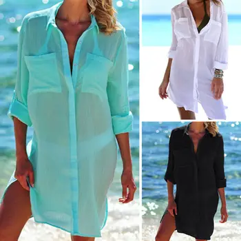 

2019 Newest Fashion Women Button Bikini Cover Up Swimwear Swim Bathing Suit Summer Beach Mini Dress