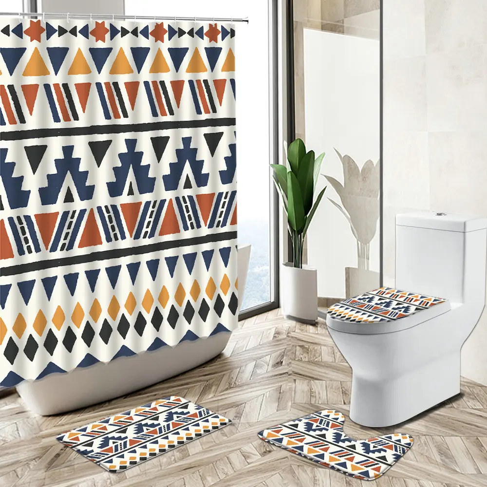 

Занавеска для душа в богемном стиле с геометрическим рисунком в полоску, набор для ванной комнаты, домашний декор за рубежом, нескользящий ковер, чехол для унитаза, напольный коврик
