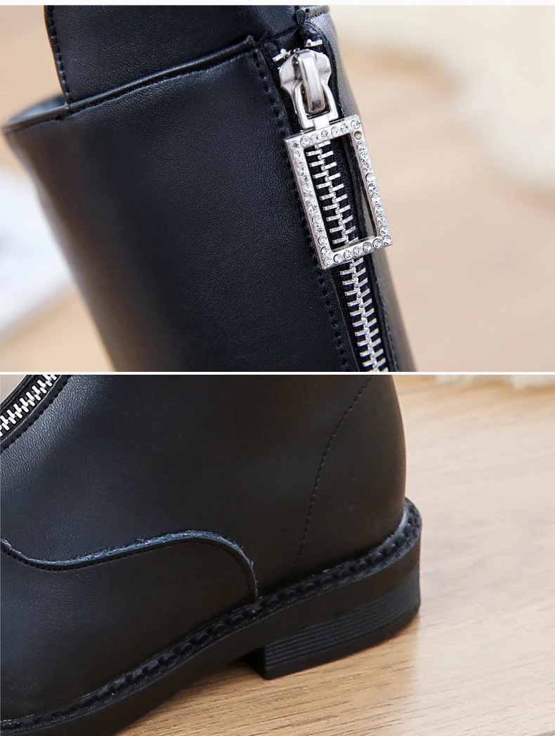 Детские ботинки из воловьей кожи зимние ботинки до середины икры с молнией спереди короткие ботинки принцессы на плоской подошве черный, красный, белый цвет#26-38 повседневная обувь