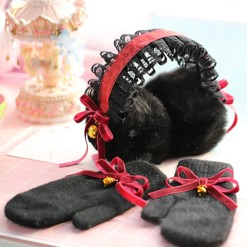 

Ear Warmer Winter Accessories Lolita Burgundy Ribbon Bells Plush Ear Covers Girl Gift Gothic Black Lace Earmuffs