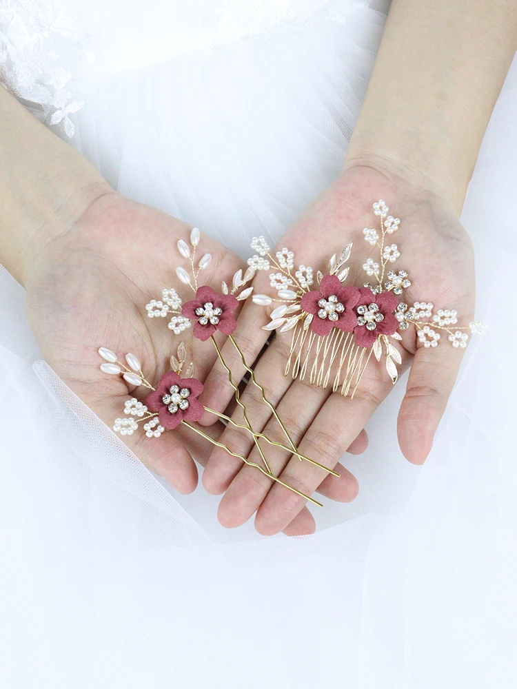 Romantic Wine Red Pink Flower Hair Comb and Hair Pin 3PCS Head Jewelry Bride Headdress for Party Wedding Bridal Accessories