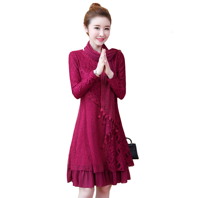 

Lent O -neck Long Mouwen Party Dresses Sweet Mesh Edge Knee length Dress Female 2019 Winter Vintage Dress Vestidos LU612