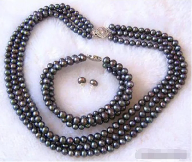 Free shipping Wholesale price 16new+3 Rows Genuine Black Pearl 18KWGP Flower Clasp Earrings Bracelet Necklace
