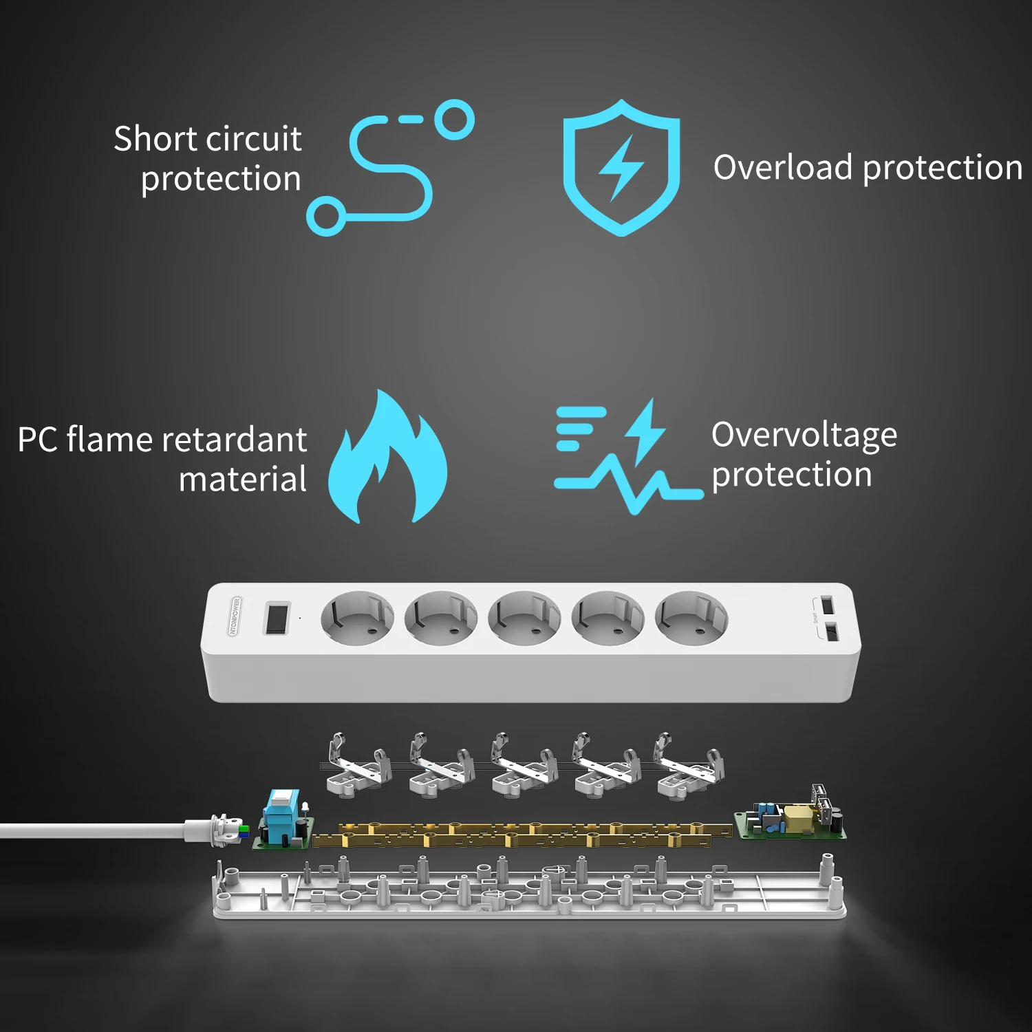 NTONPOWER Network Filter with 3M Extension Cord Wall Mounted Power Strip High Quality 5 Power Sockets 2 USB Surge Protector Home