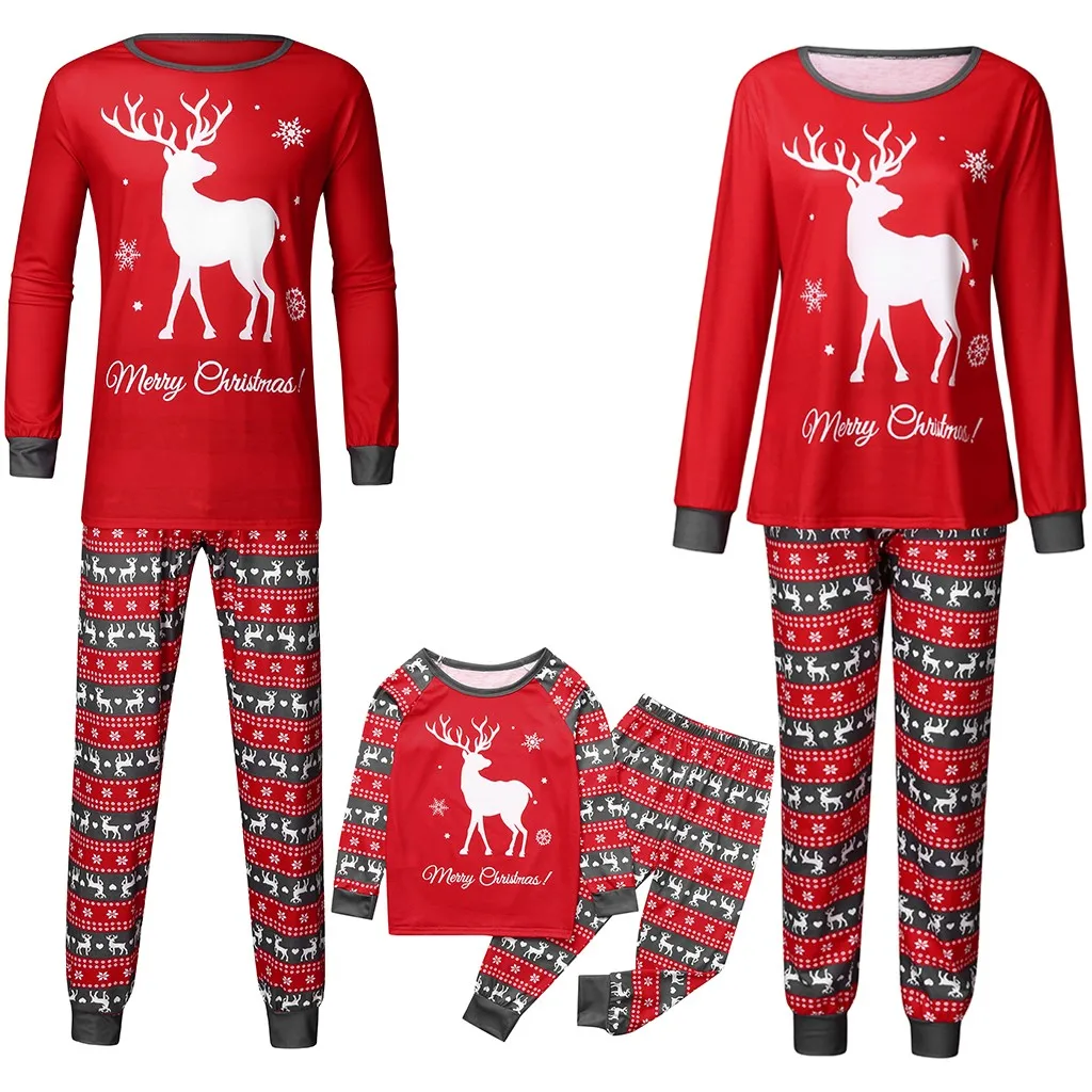 Рождественские пижамы для всей семьи, комплект для детей, папы, мамы, ребенка, топ с принтом оленя+ штаны, рождественские Семейные комплекты, одежда, пижамы - Цвет: Красный