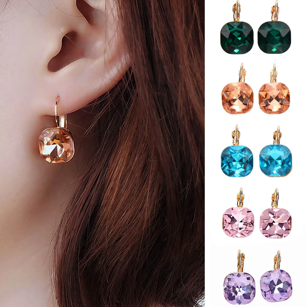 Tendy Gold Color Square Stud Earrings Pink Red Green Black Austrian Crystal Rhinestone Earring For Women Wedding Jewelry | Украшения и
