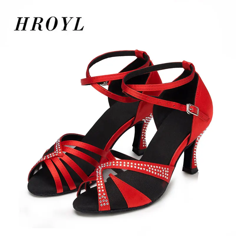 

HROYL Women Latin dance shinestone shoes Female Girl Ladies tango Ballroom sandal salsa samba Sexy Party Heeled 6/7.5/8.5/10cm
