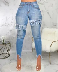 Zíper voar slant bolso franja detalhe raw hem jeans magros