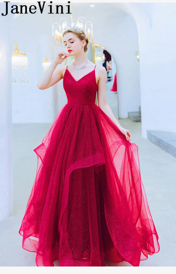 JaneVini Blingbling блестящие Выпускные платья Burgundy длинные Тюль v-образным вырезом линии женские платья для торжественных событий выпускного вечера