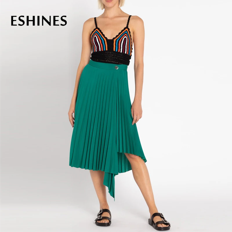 

ESHINES Summer Women Office Lady Green Simple Midi Skirt Casual Single Button Pleated Irregular Skirt Chic Designer Skirt