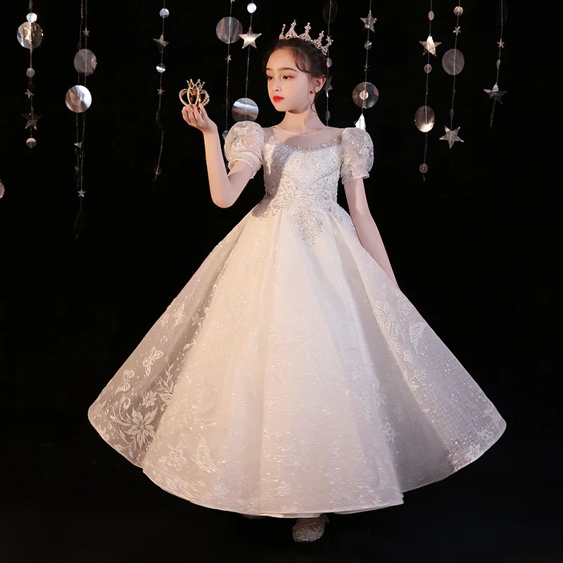 

Children Wedding Bridemaid Long Dresses Girl Elegant Sequins Frock Teenage Graduation Clothes Kids Pageants Party Boutique Dress