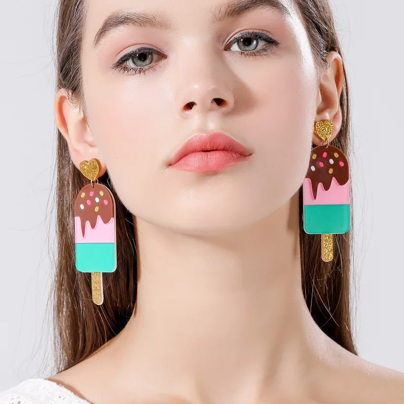 

Hot Summer Super Lovely Colorful Ice Cream Acrylic Drop Earrings for Female Long Tassel Shining Glitter Powder Heart Earrings