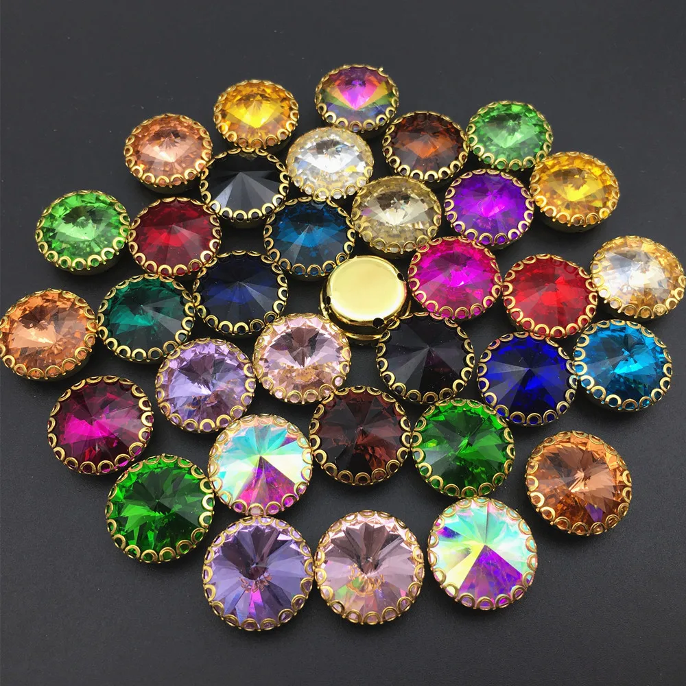 6mm 18mm 라운드 Rivoli 모양 Strass 라인 석에 바느질 골드베이스 레이스 클로 유리 크리스탈 라인 석 Diy 의류 액세서리