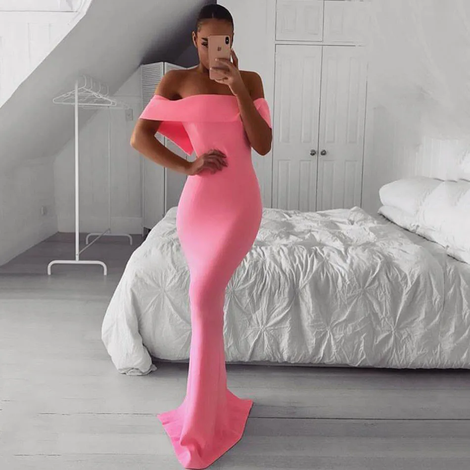Alta-qualidade-rosa-slash-neck-fora-do-ombro-bandage-vestido-de-festa-noite-vestido
