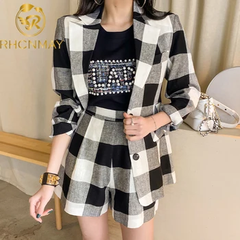 

Women Business Plaid Suits 2 Piece Set 2020 Summer Single Breasted Work Blazer Coat + Short Pant Suit