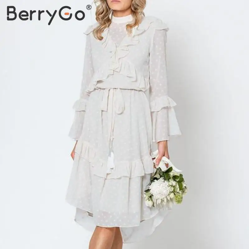 BerryGo, элегантное белое осеннее платье, женское шифоновое ТРАПЕЦИЕВИДНОЕ пляжное платье в горошек, мягкое праздничное гофрированное платье в стиле бохо
