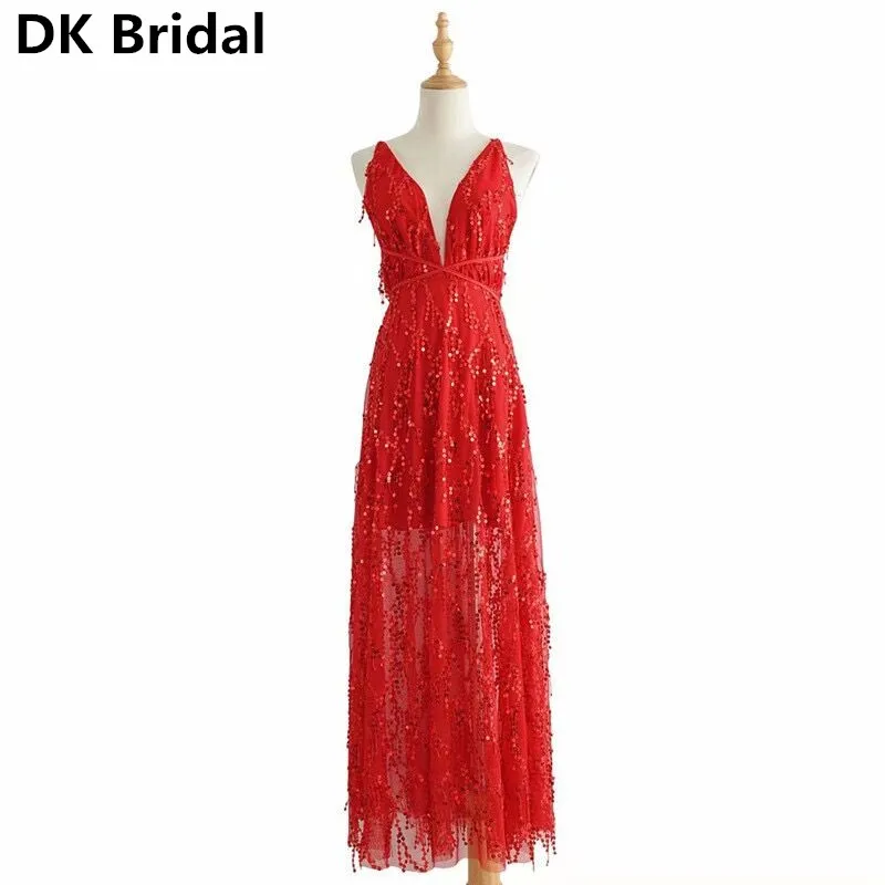 Sexy Burgundy Evening Dress 2019 V-Neck Sequined Open Back A Line Long Dresses Party Vestido De Festa Tulle Prom Gowns | Свадьбы и