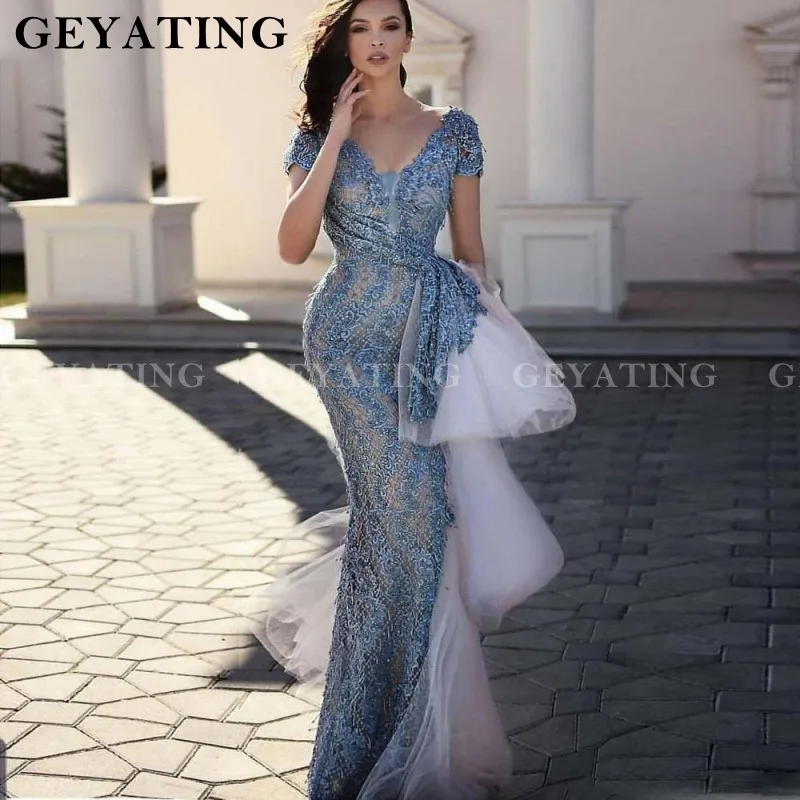Arabisch Full Lace Mermaid Prom Jurken Met Korte Mouwen Dubai V-hals Ruches Lange Vrouwen Avondjurk Kralen Party jassen Arabisch Full Lace Mermaid Prom Jurken Met Korte Mouwen Dubai V-hals Ruches Lange Vrouwen Avondjurk Kralen Party jassen