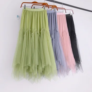 

528 autumn and winter new Korean high waist slim medium length women's skirt with irregular mesh stitching and beads
