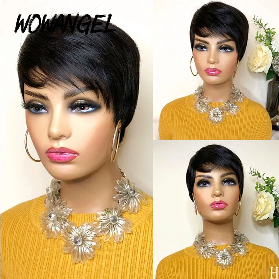 Short Human Hair Wigs Pixie Cut Wavy Short Full Wig With Bangs Perruque Cheveux Humain Cheap Natural Curly Wig for Black Women