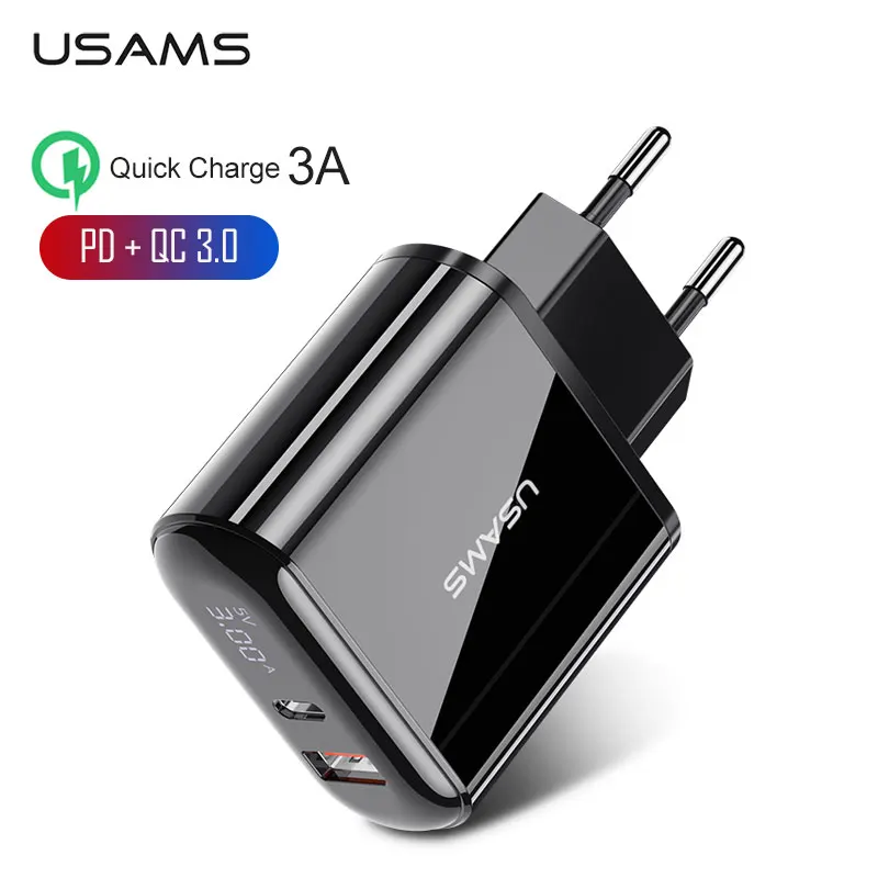USAMS 5V 3A 18W PD QC 3.0 EU Plug Fast Charging Mobile Phone Charger For iPhone 12 11 X Huawei Xiaomi Samsung Travel | Мобильные