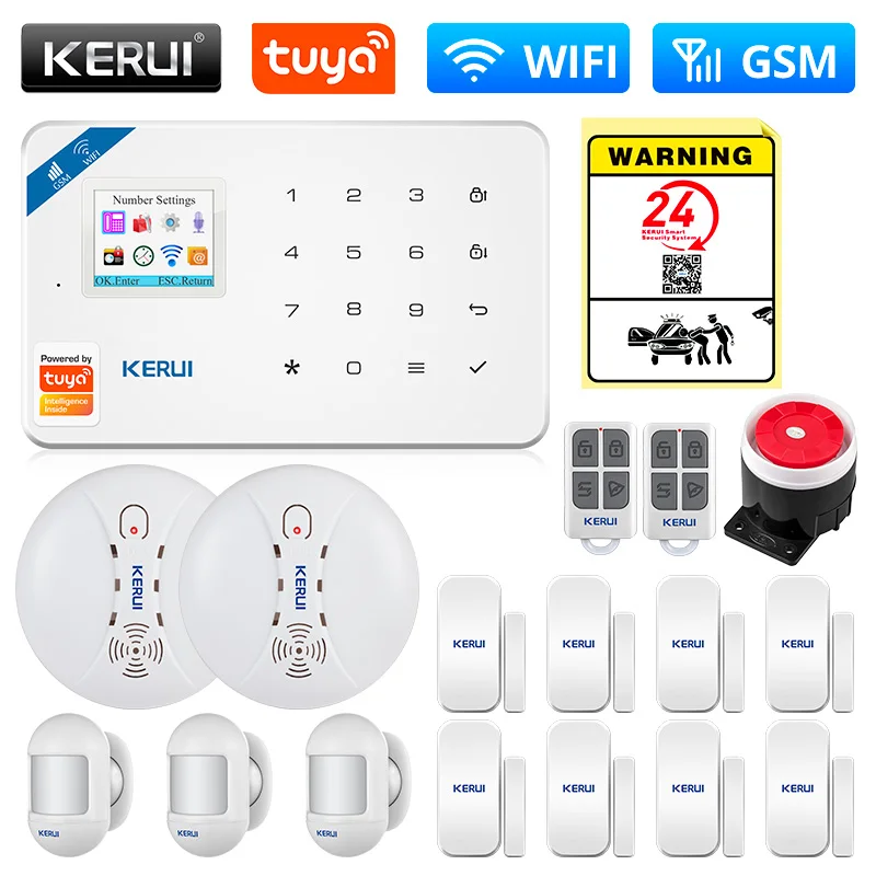 auto burglar alarm KERUI Tuya Smart WIFI GSM Security Alarm System Works With Alexa Home Burglar Motion Detector Smoke Door Window Sensor IP Camera car alarms for sale Alarm Systems & Security